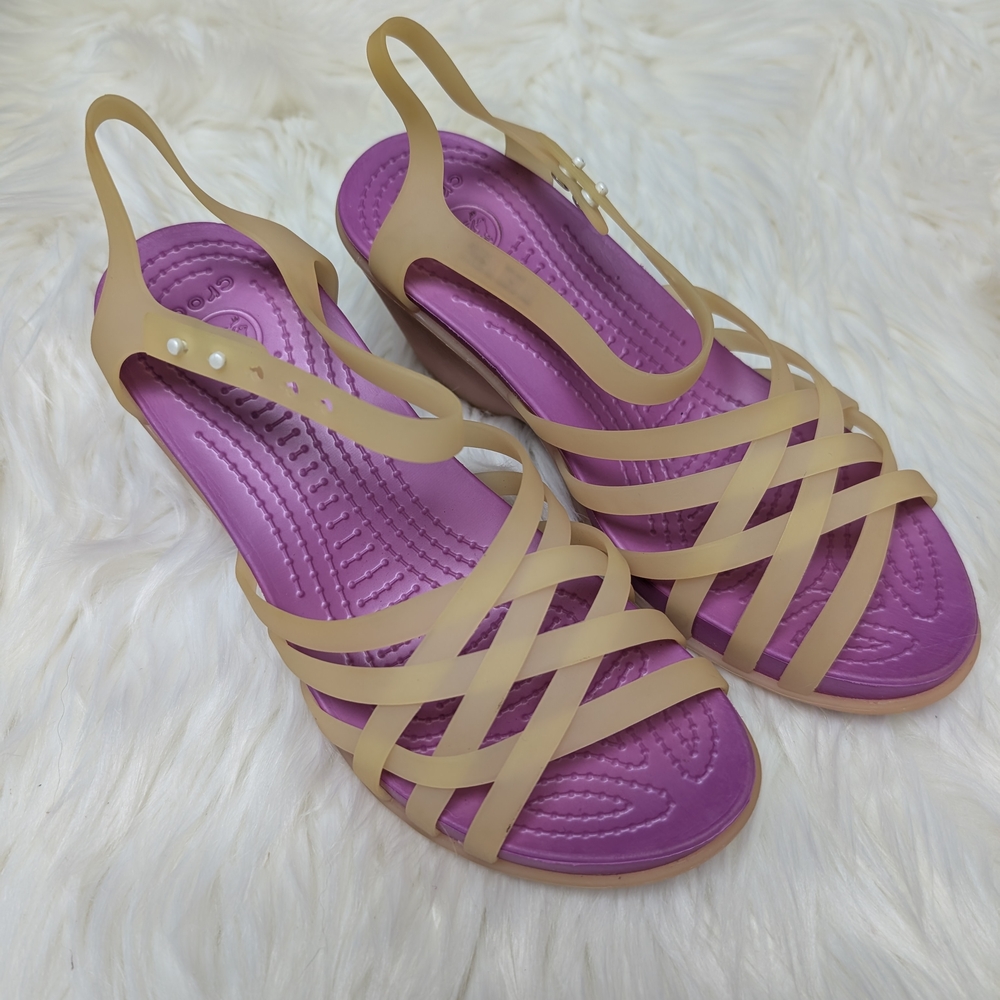 CROCS Tan Sandals with Vibrant Purple Footbed